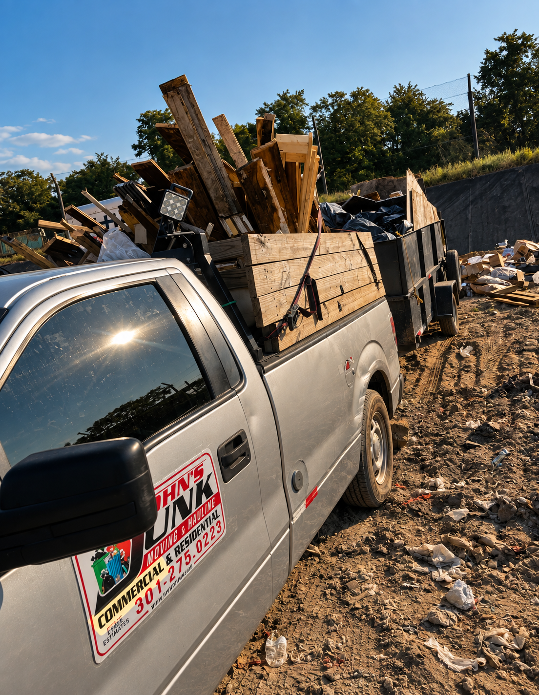 John's Junk truck and trailer loaded with construction lumber
